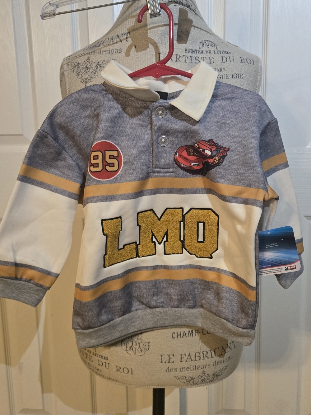 Disney Gray Cream Lightning McQueen Polo Sweatshirt with Yellow Accents